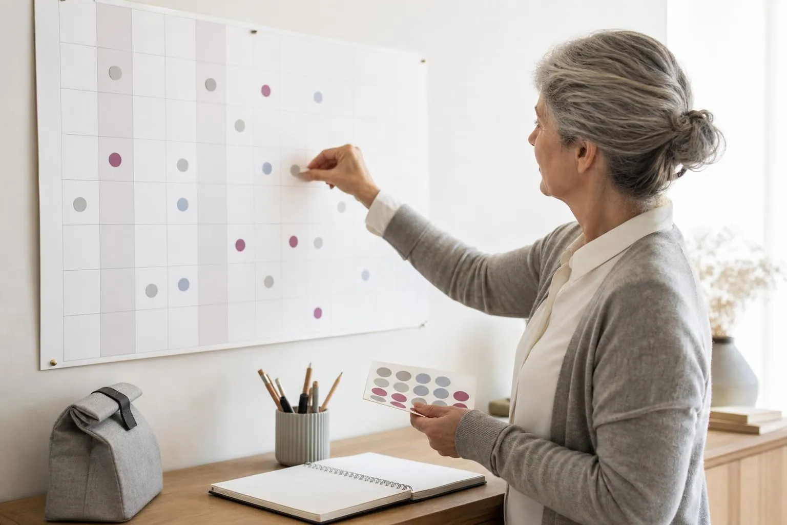 Grand calendrier mural en papier posé sur un mur clair, une femme d’une cinquantaine d’années collant des pastilles de couleur sur certaines semaines