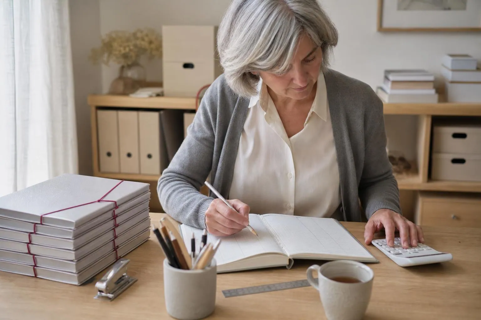 Femme d’une cinquantaine d’années assise à une table claire devant un cahier de comptes ouvert, une calculatrice de bureau et une pile de dossiers cartonnés