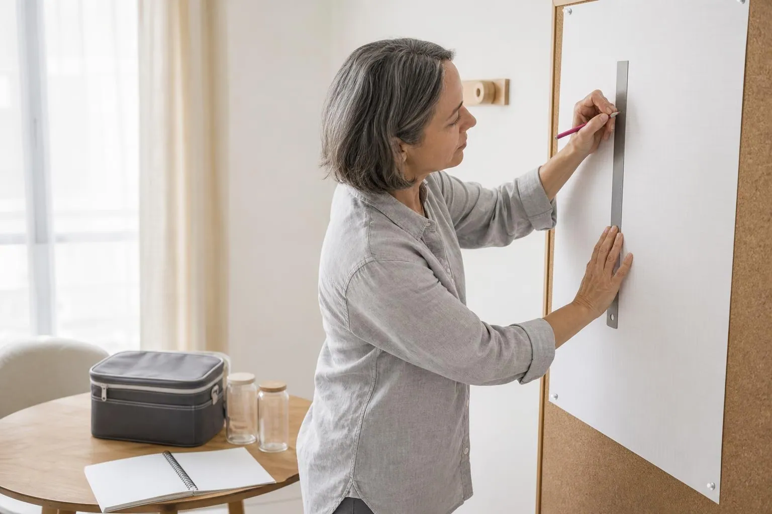 Consultante en lactation d’une cinquantaine d’années debout devant une grande feuille quadrillée punaisée au mur, traçant une colonne horaire au crayon