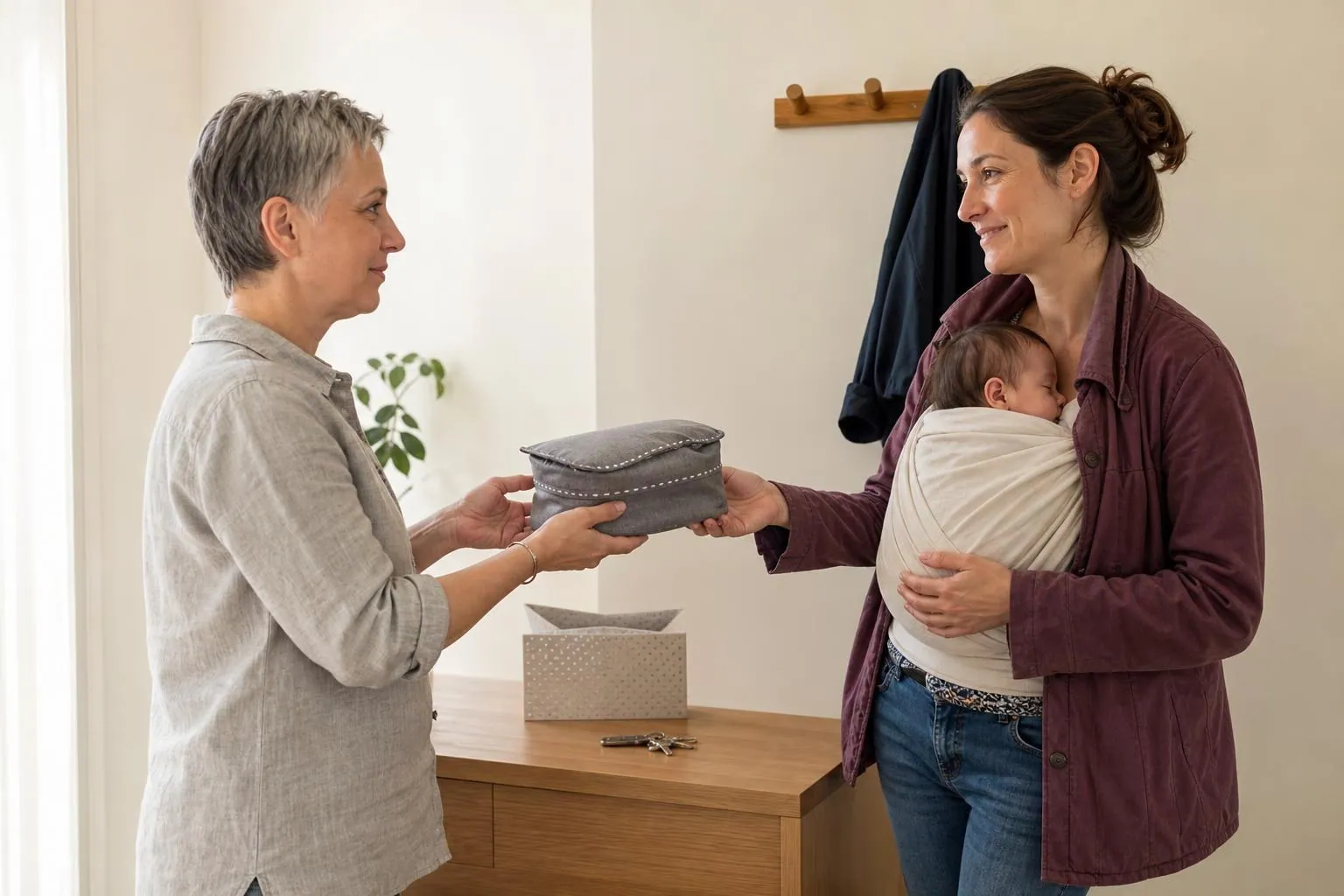Consultante en lactation remettant une trousse isotherme grise à une jeune mère portant son bébé en écharpe, dans l’entrée claire d’un cabinet