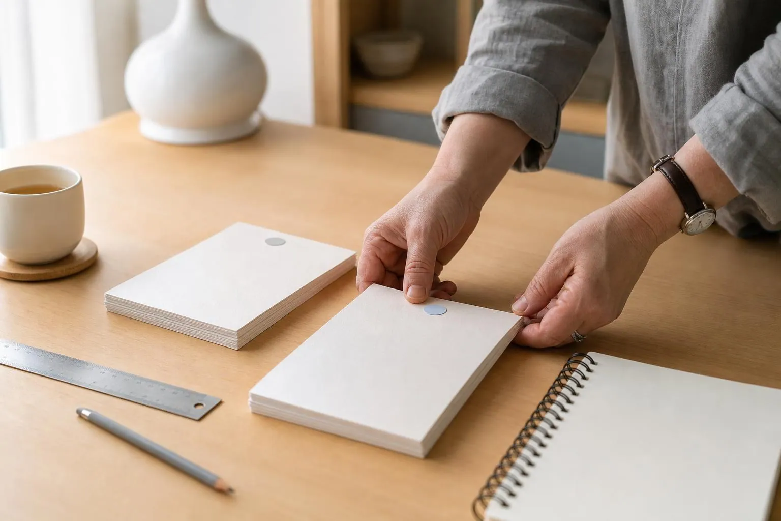Trois piles de fiches cartonnées disposées en éventail sur une table de bois clair, une main féminine déplaçant la fiche du milieu