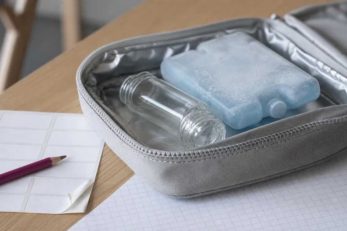 Gros plan d’une trousse isotherme grise ouverte montrant ses surpiqûres, un bloc réfrigérant et deux flacons de conservation en verre posés sur une feuille quadrillée