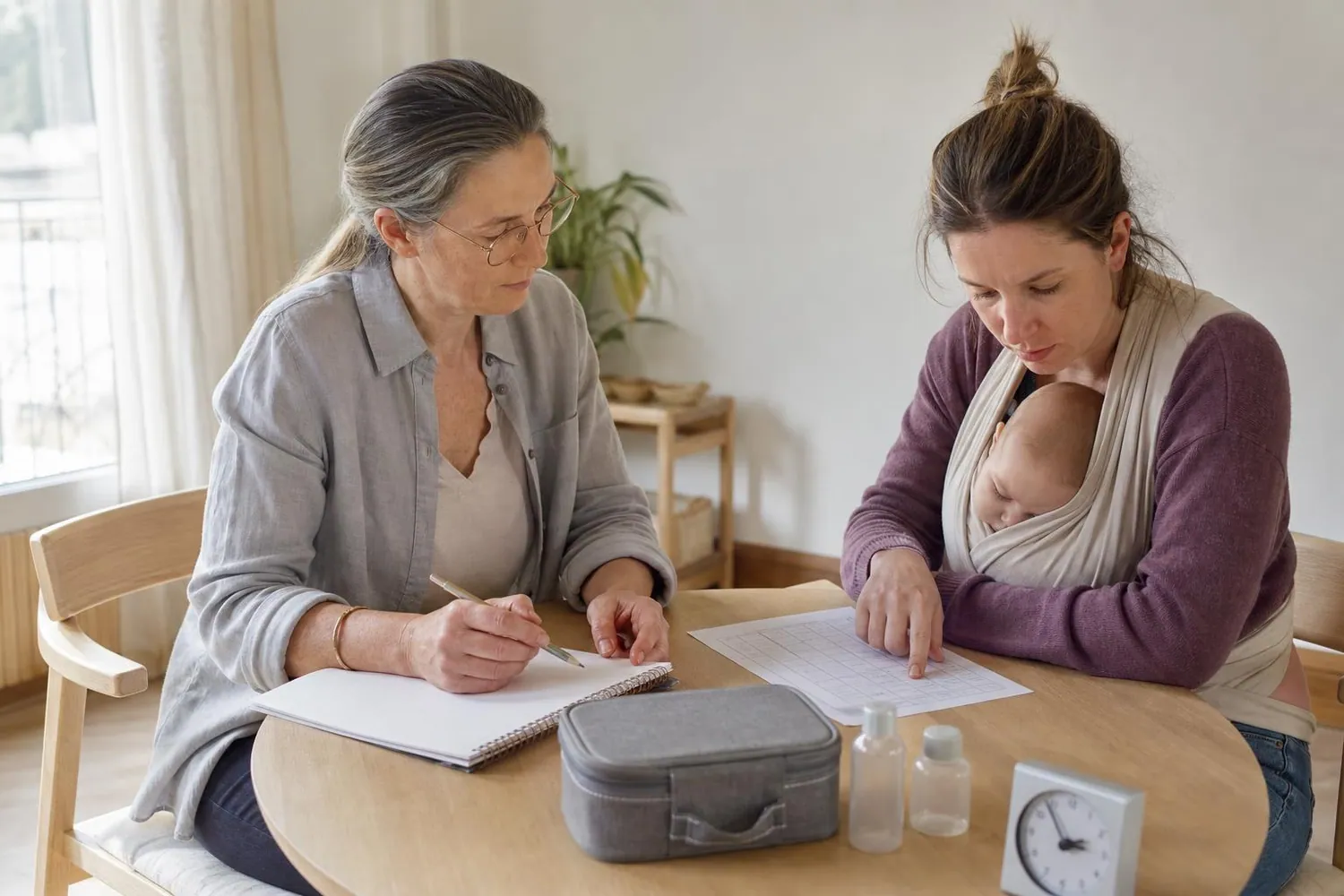 Consultante en lactation d’une cinquantaine d’années assise face à une jeune mère, un carnet à spirale et une grille horaire posés sur la table basse entre elles
