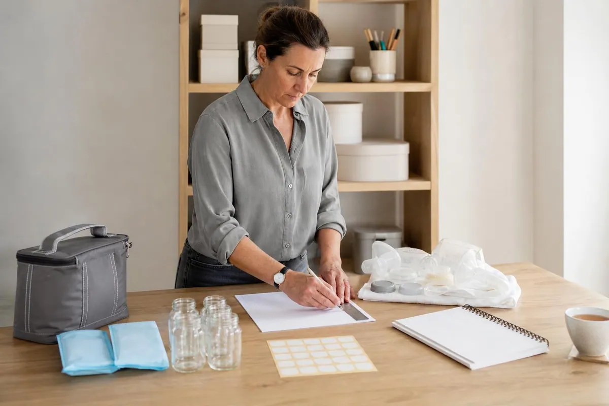 Consultante en lactation debout devant sa table de travail, une règle à la main sur une grille horaire, trousse isotherme et flacons de conservation alignés à côté